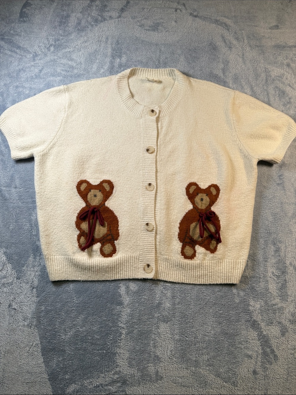 BiBi Cream Short-Sleeve Cardigan with Brown Teddy Appliqués